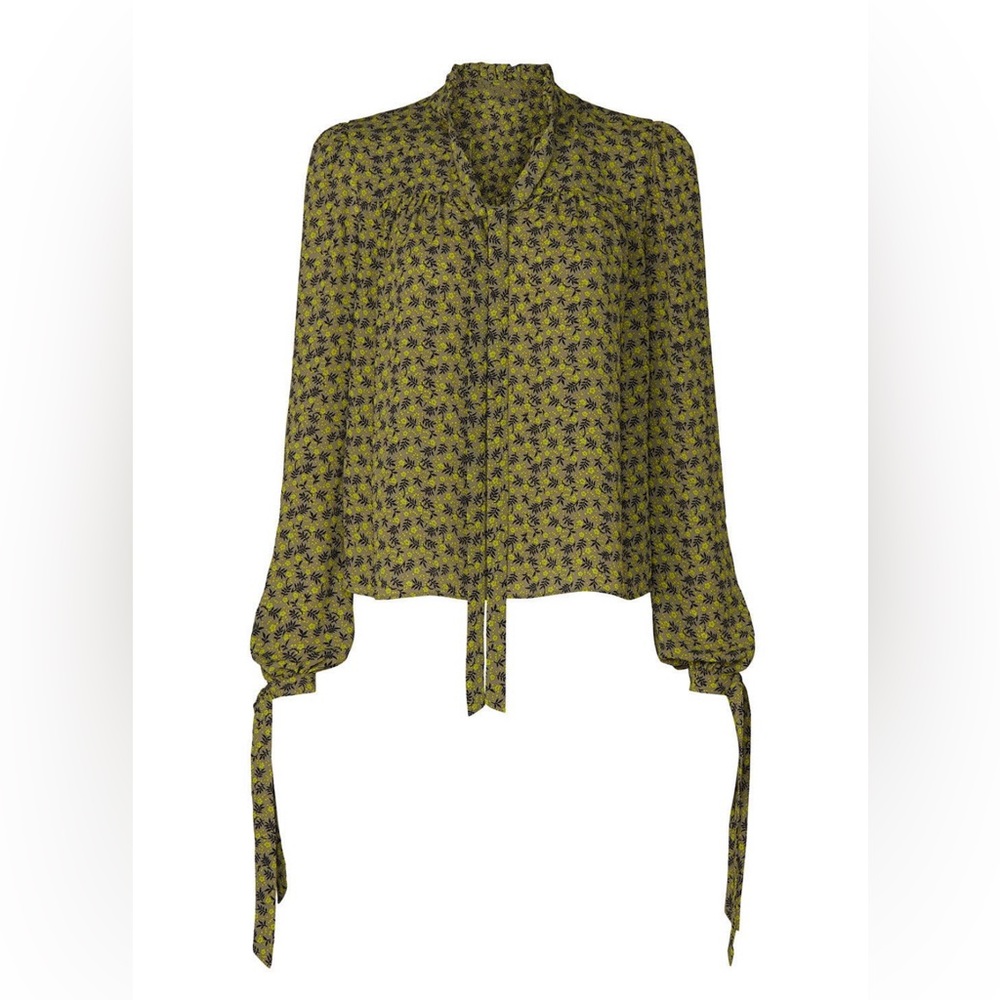 Love, Whit Size 4 Green Floral Fall Puffsleeve Longsleeved Tie Neck Blouse